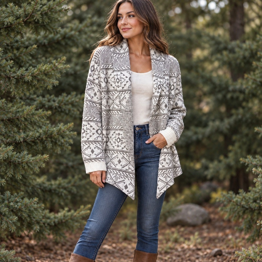 BKE Cozy Knit Cardigan Sweater Womens Large Beige White Geometric Shawl Collar